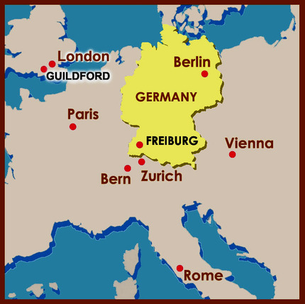 Map showing Guildford and Freiburg